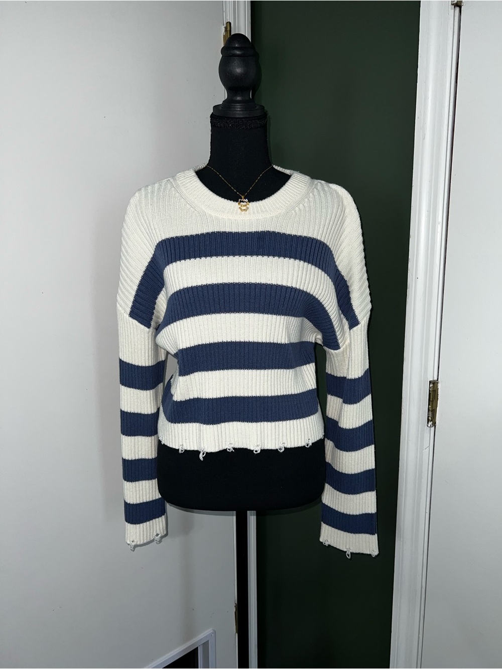 Striped Navy and Cream Ribbed Knit Sweater